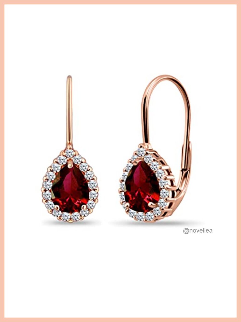Pear Halo Drop Earrings Leverback 8x6mm Cubic Zirconia Ruby Simulant Rose Gold